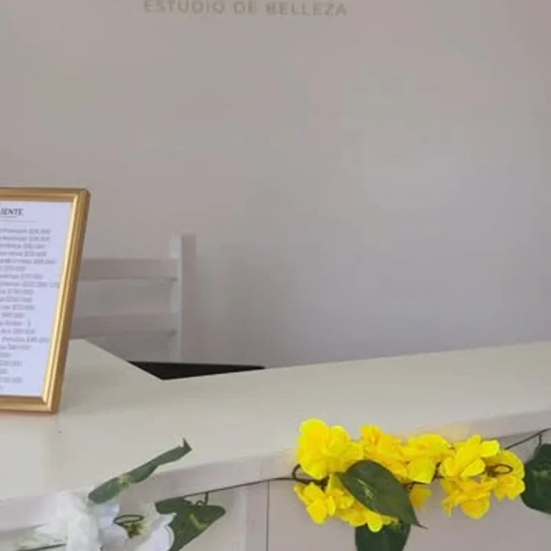 Mostrador del estudio con flores amarillas y la lista de precios enmarcada